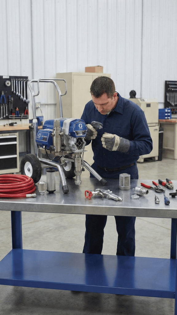 Detailed servicing and inspection of an airless spray painting machine in a professional workshop