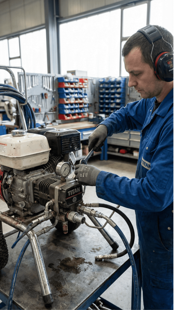 Technician servicing an industrial airless spray painting machine in a professional workshop