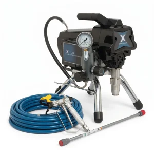 SPX20 electric airless paint sprayer with spray gun and hose on stand